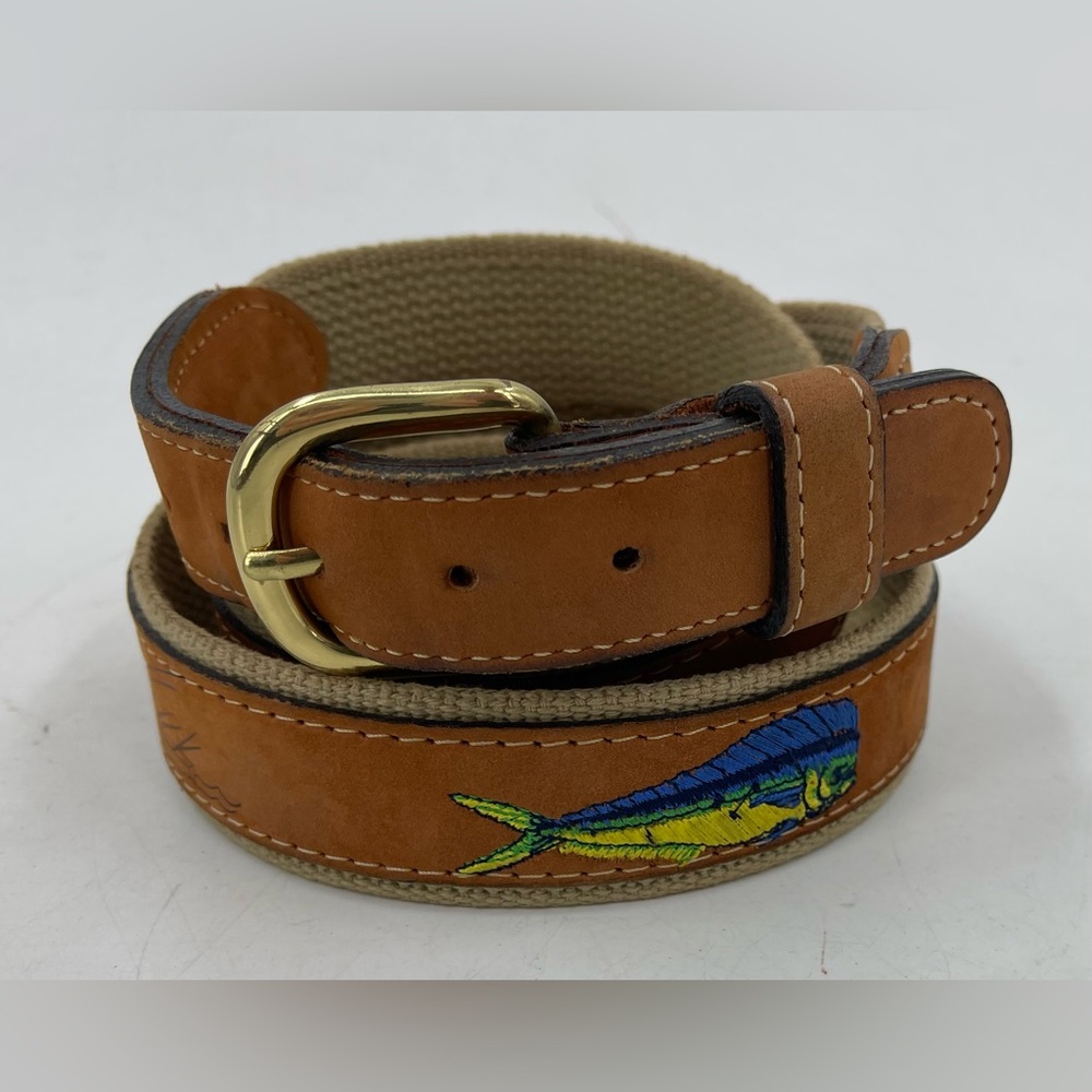 Zep Pro Leather Canvas Belt Embroidery Dolphin Fish Brown Men's 42 Fisherman USA